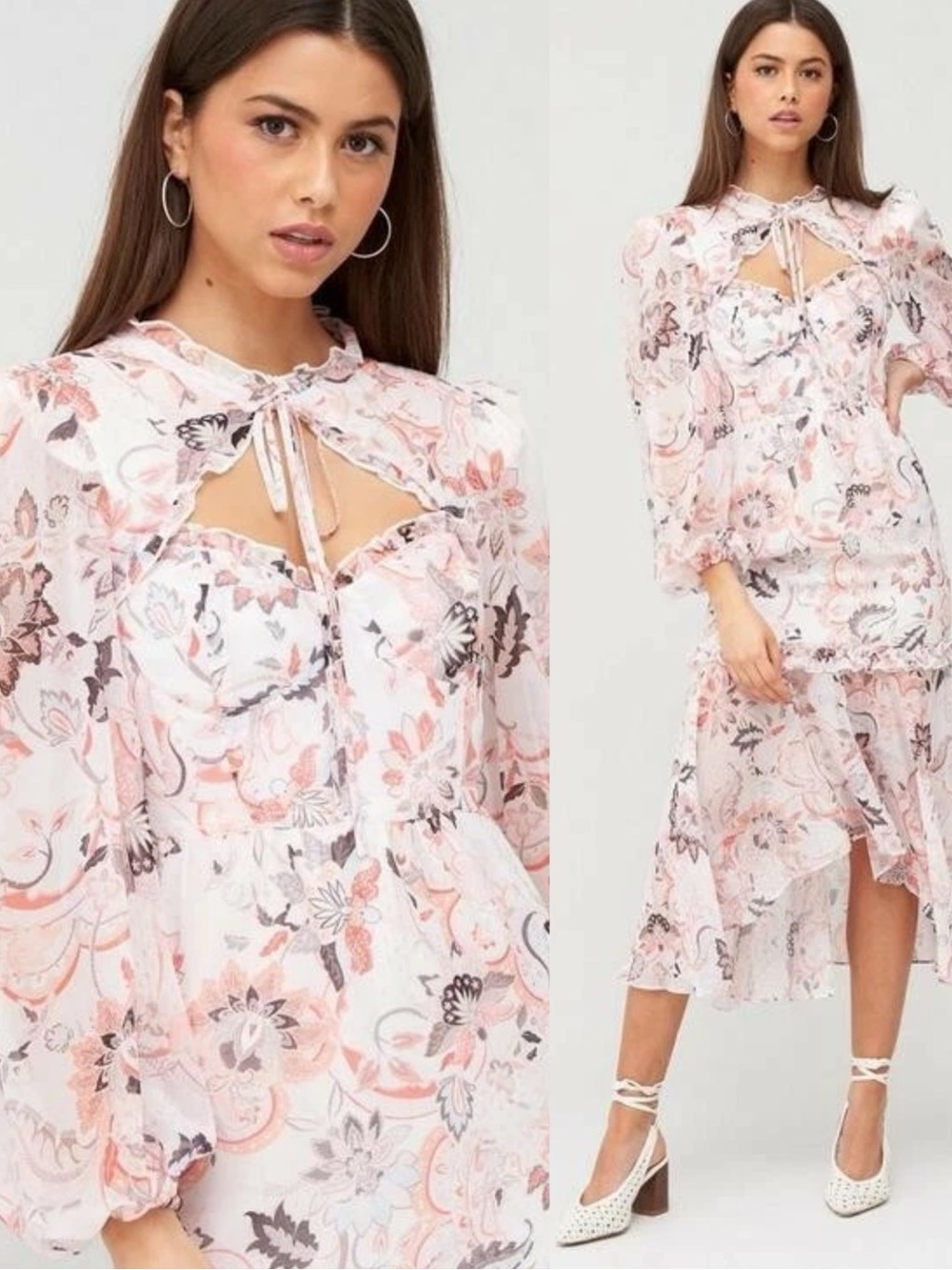 River Island Elegant Floral Long Sleeve Midi Dress in Blush Pink